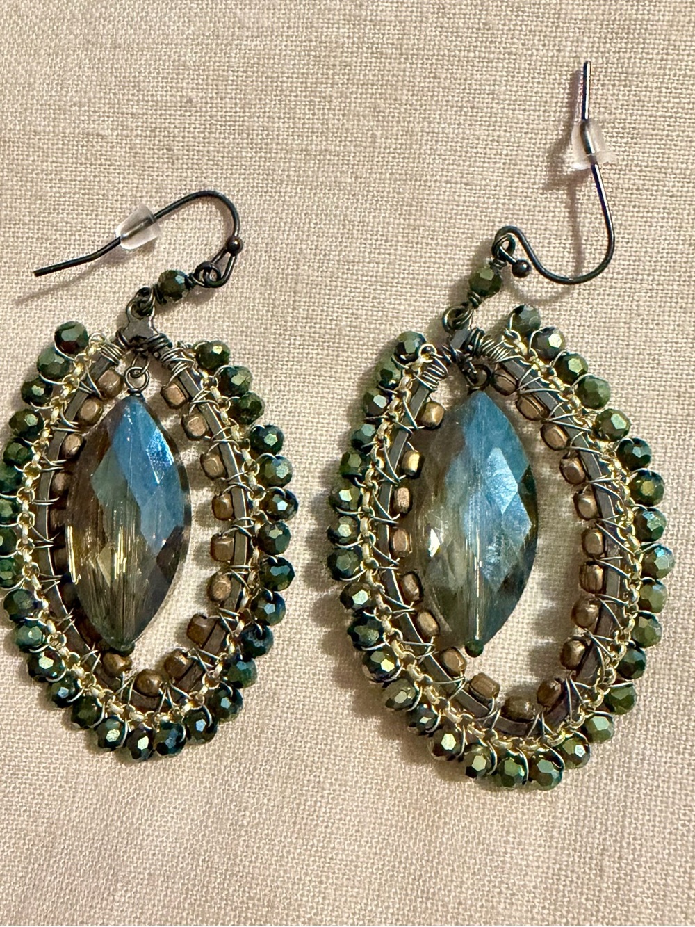 Neiman Marcus Green Beaded Teardrop Crystal Earrings - Picture 2 of 3